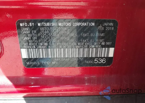 2018 Mitsubishi Eclipse Cross Sel from USA, damaged, VIN JA4AT5AA9JZ048751